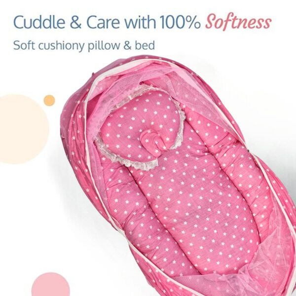 Newborn Baby Mattress with Mosquito Net Bedding Set - Soft Cradle Mattress for Infants, Pink Color - Image 3