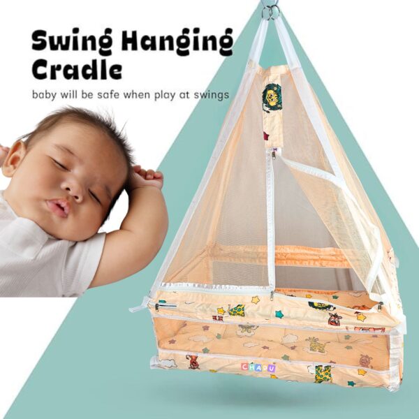Hanging Swing Cradle Jhula with Mosquito Net & Spring, Orange color for Newborn Babies - Image 2