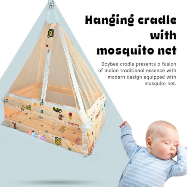 Hanging Swing Cradle Jhula with Mosquito Net & Spring, Orange color for Newborn Babies - Image 3