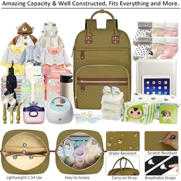 Diaper Bag Backpack for Women - Multifunctional Waterproof Maternity Bag with Insulated Pockets- Khaki Green - Image 3