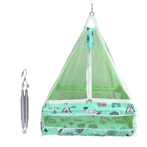 Hanging Swing Cradle with Mosquito Net & Spring | Easy to Install for Babies (Green, 0-32 Months)