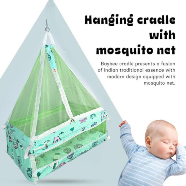 Hanging Swing Cradle with Mosquito Net & Spring | Easy to Install for Babies (Green, 0-32 Months) - Image 3