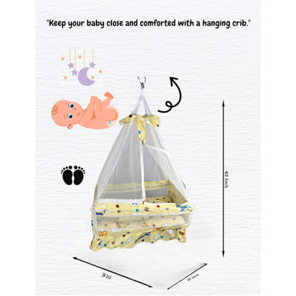 Baby Hanging Swing Cradle with Mosquito Net, Bed & Spring - Yellow (0-24 Months) - Image 3