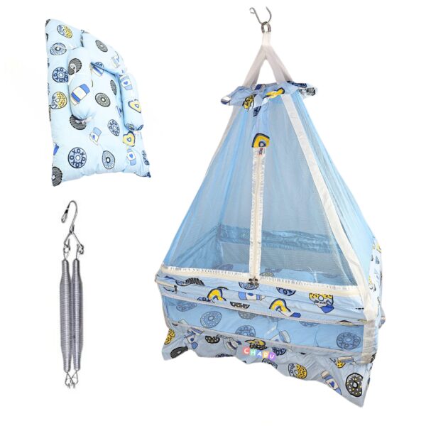 Baby Hanging Swing Cradle with Bedding Set, Mosquito Net & Spring, Easy to Install (Sky Blue, 0-24 Months)