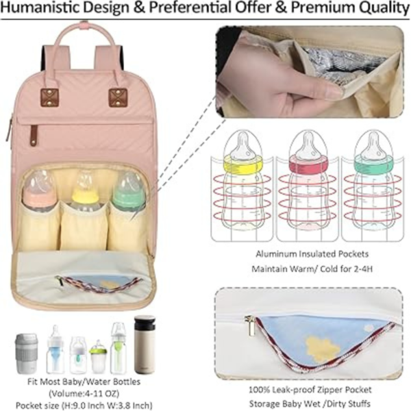 Diaper Backpack Tote for Women -Baby Bag with Insulated Pockets | Multifunctional Waterproof Mother Bags, Light Pink - Image 2