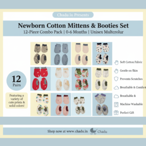 Newborn cotton mittens and booties set – 12-piece unisex multicolor combo pack for 0–6 months featuring assorted prints and soft cotton fabric