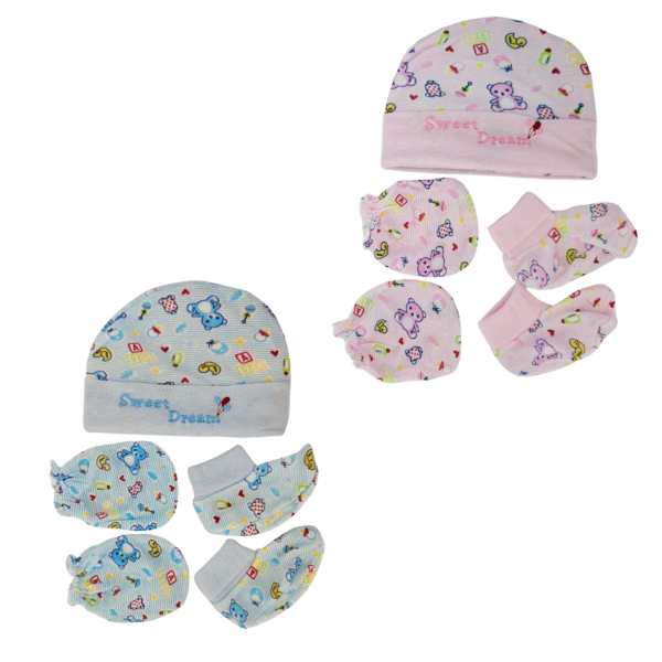 Newborn Cotton Mittens, Booties and Cap Set - 2-Pack Pink and Blue color
