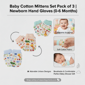 Baby cotton mittens set pack of 3 for newborns, soft printed hand gloves for babies 0–8 months