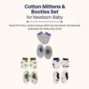 Cotton mittens and booties set for newborn baby – pack of 3 pairs with soft cotton gloves and matching booties in assorted prints for 0–6 months