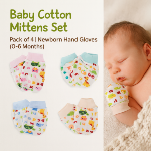 Baby cotton mittens set pack of 4 for newborns, soft printed hand gloves suitable for 0–6 months