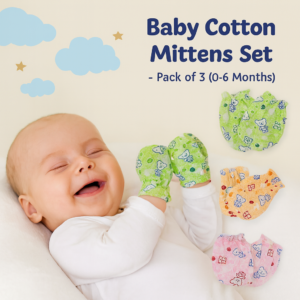 Baby cotton mittens set of 3 in orange, green, and pink with printed designs for newborns aged 0–6 months.