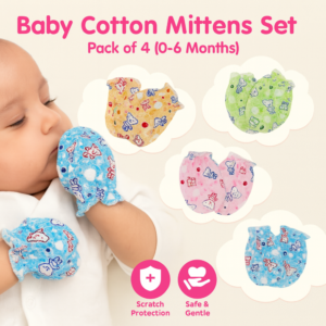 Baby cotton mittens set pack of 4 in orange, green, pink, and blue with cute prints for newborns aged 0–6 months