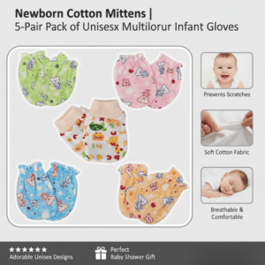 Newborn cotton mittens 5-pair unisex multicolor infant gloves displayed with soft fabric and cute printed designs.