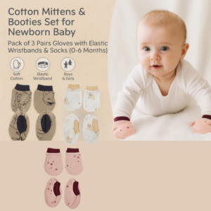 Baby mittens and booties set – cotton gloves and socks pack of 3 for newborns, featuring assorted printed mittens and soft booties with elastic wristbands.