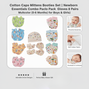 Cotton caps mittens booties set for newborns in multicolor prints with soft cotton material and unisex designs.
