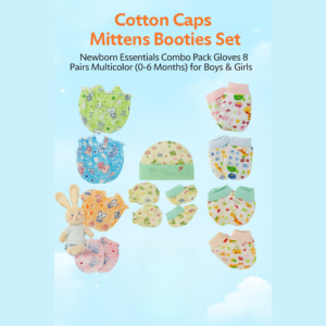 Cotton caps mittens booties set for newborns in multicolor prints with soft cotton material and unisex designs.