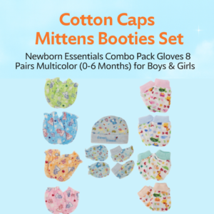 Multicolor baby mittens, caps, and booties set including 8 pairs of newborn mittens for infants aged 0–8 months.