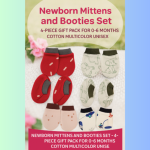 Newborn cotton mittens and booties set in multicolor unisex designs, 4-piece gift pack for babies 0–6 months.