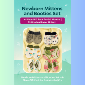 Baby mittens and booties set in multicolor cotton prints, 4-piece newborn pack for 0–6 months displayed on soft fabric.