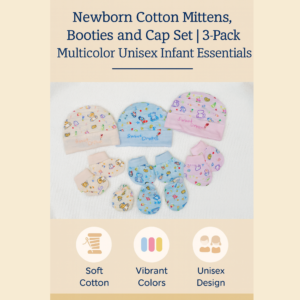 3-pack newborn cotton mittens, booties, and cap set in multicolor unisex designs displayed on a soft background