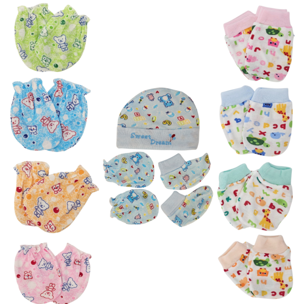 Cotton Caps Mittens Booties Set | Newborn Essentials Combo Pack Gloves 8 Pairs Multicolor (0-8 Months) for Boys & Girls