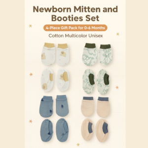Baby mittens and booties set in multicolor cotton prints, 4-piece newborn pack for 0–6 months displayed on soft fabric.