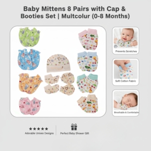Multicolor baby mittens, caps, and booties set including 8 pairs of newborn mittens for infants aged 0–8 months.