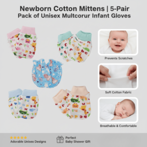 Baby mittens and booties set in multicolor cotton prints, 4-piece newborn pack for 0–6 months displayed on soft fabric.