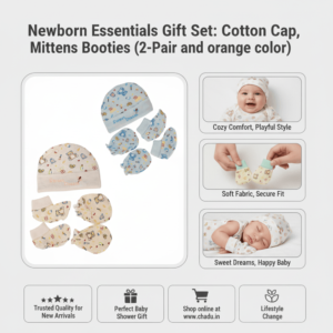 Newborn cotton cap, mittens and booties gift set in light green and orange colors, 2-pair infant essentials displayed with lifestyle images.