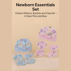 Newborn cotton mittens, booties, and cap set in pink and blue colors, 2-pack infant essentials displayed with lifestyle baby photos.