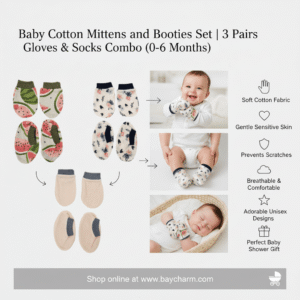 Baby cotton mittens and booties set for newborns, 3-pair gloves and socks combo with soft fabric and unisex designs